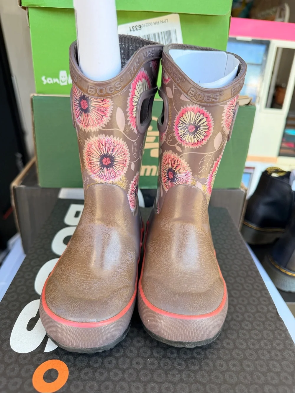 Bogs Brown Kids Rain Boots with Pink & Yellow Floral Print